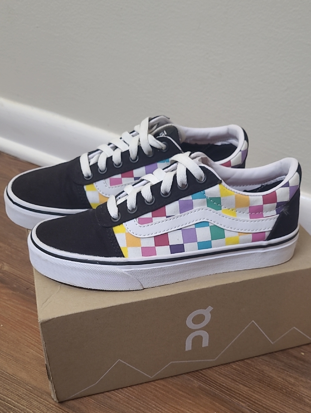 Vans Black Low Top Sneakers with Pastel Checkerboard new no tag